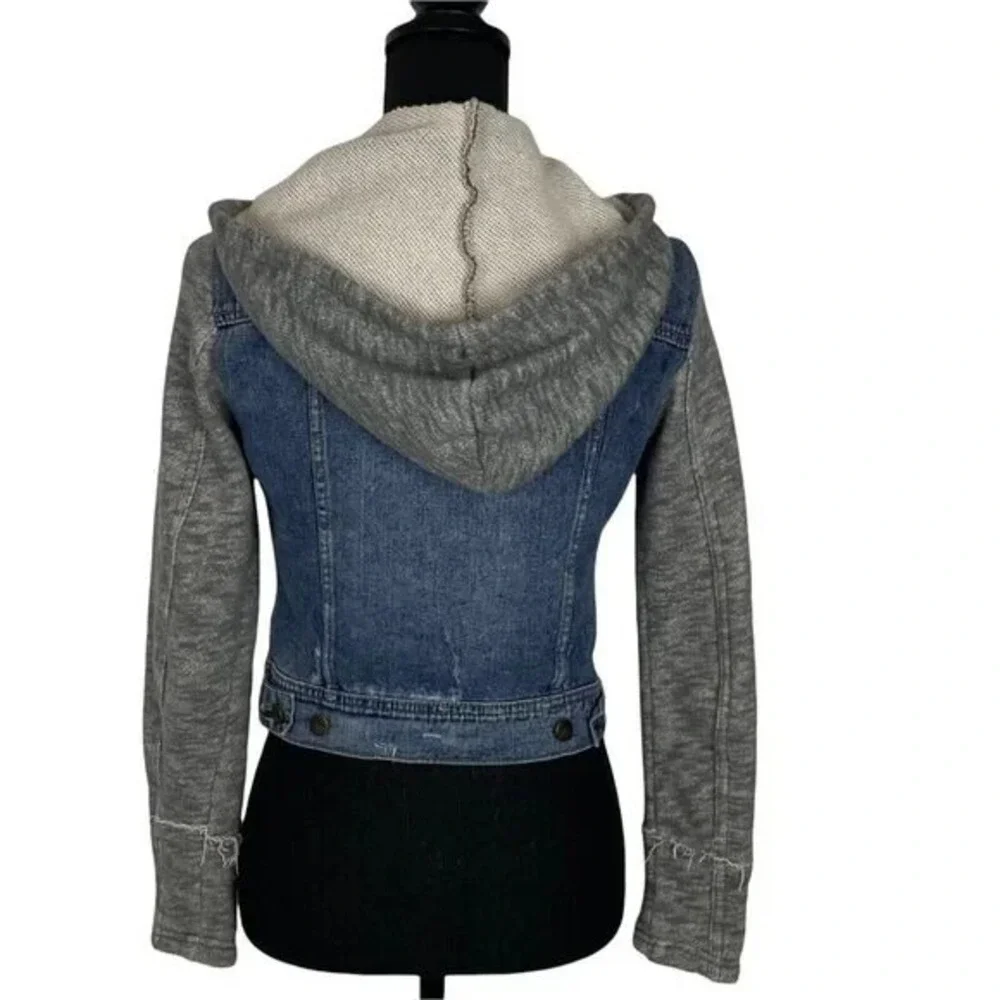 FREE PEOPLE Knit Hooded Denim Distressed Jacket Sz XS Blue Casual Stylish 49-15 - Picture 4 of 10